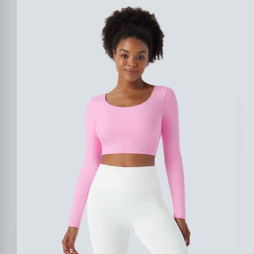 NWT Halara Pink Long Sleeve Crop Top for Yoga and Exercise with Built-in Bra